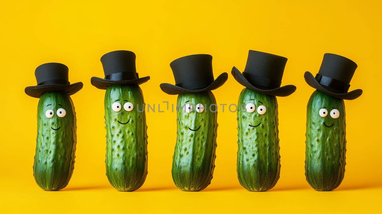 Cucumbers wearing top hats with funny faces on yellow background.