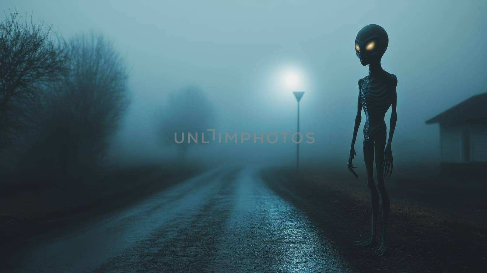 Alien figure on foggy rural road at night, eerie atmosphere. Science fiction and mystery concept.