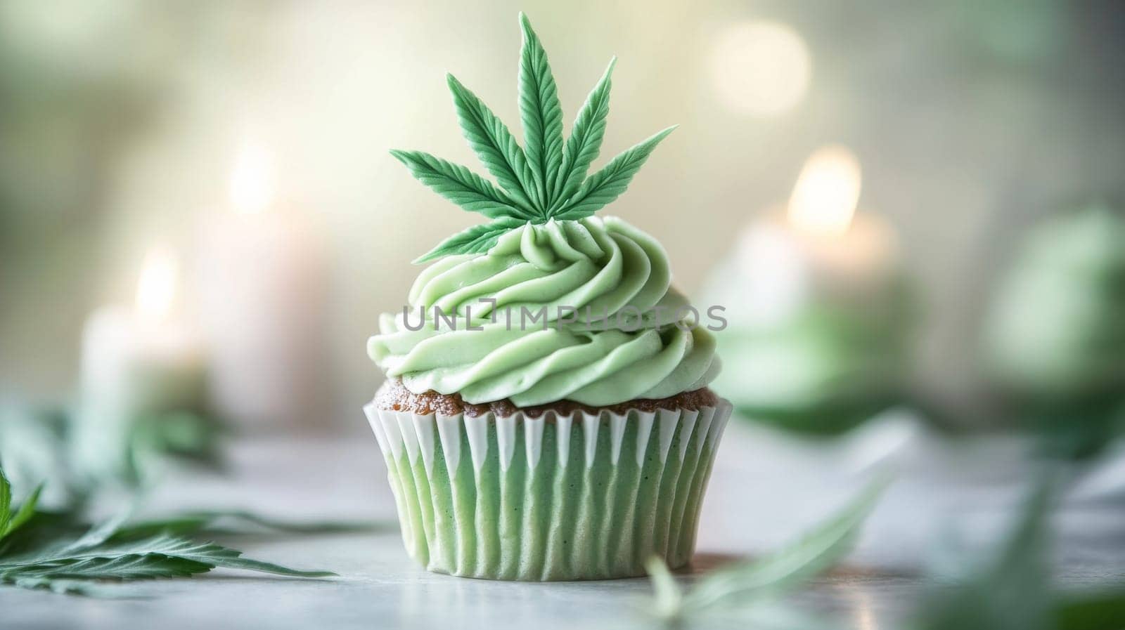 Green cannabis-themed cupcake with leaf decoration on blurred background, creative dessert concept.
