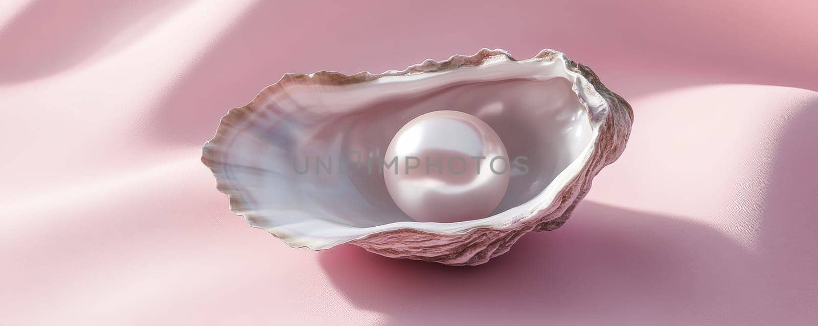 Pearl in an oyster shell with soft pink background, elegance and beauty concept.
