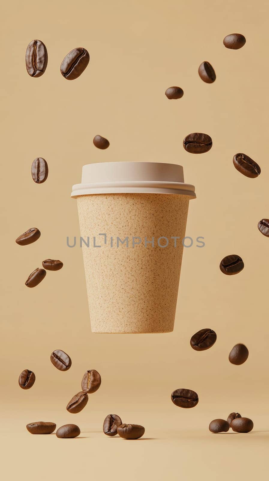 Floating coffee cup with beans on beige background, creative concept.