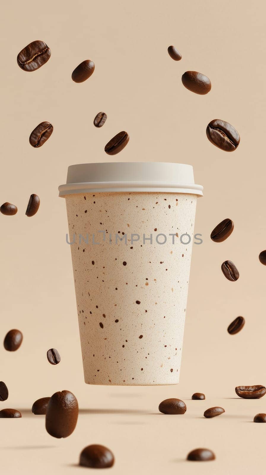 Coffee cup surrounded by floating coffee beans on beige background. Modern design and caffeine concept.