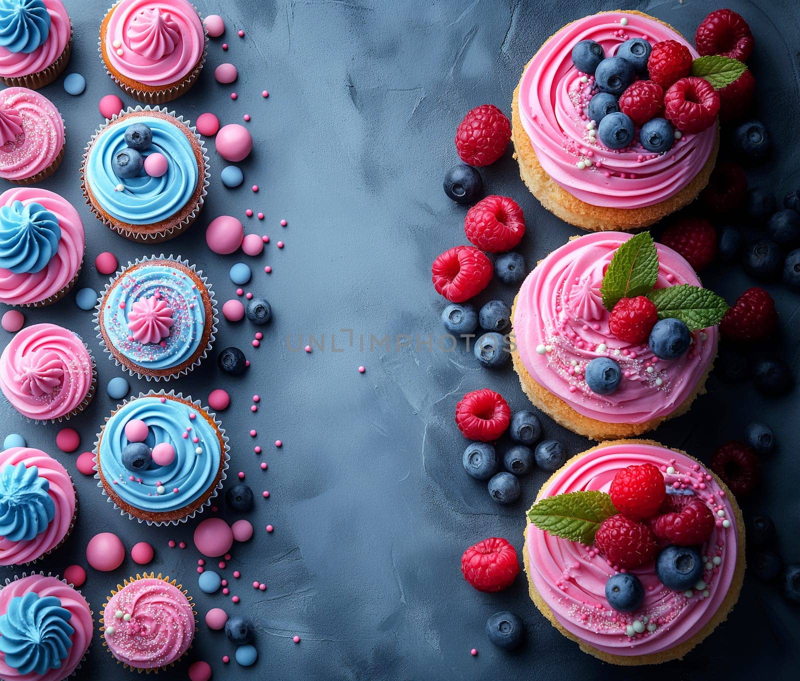 Pink and blue cupcakes with berries, frosting, and colorful decorations, a delightful dessert treat