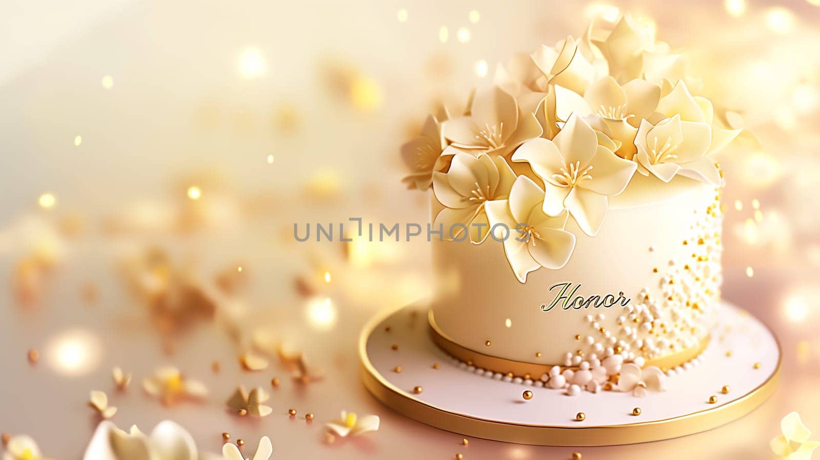 Elegant wedding cake with floral decorations in gold, perfect for a celebration of honor