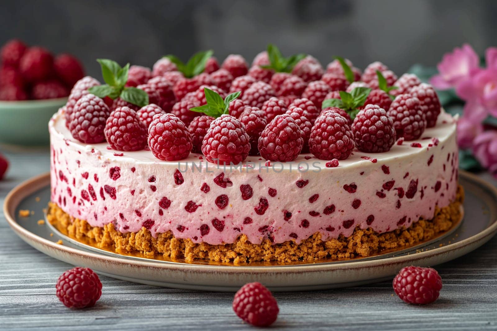 Raspberry cake dessert with pink cream and tasty fruit, a delicious and crumbly sweet treat