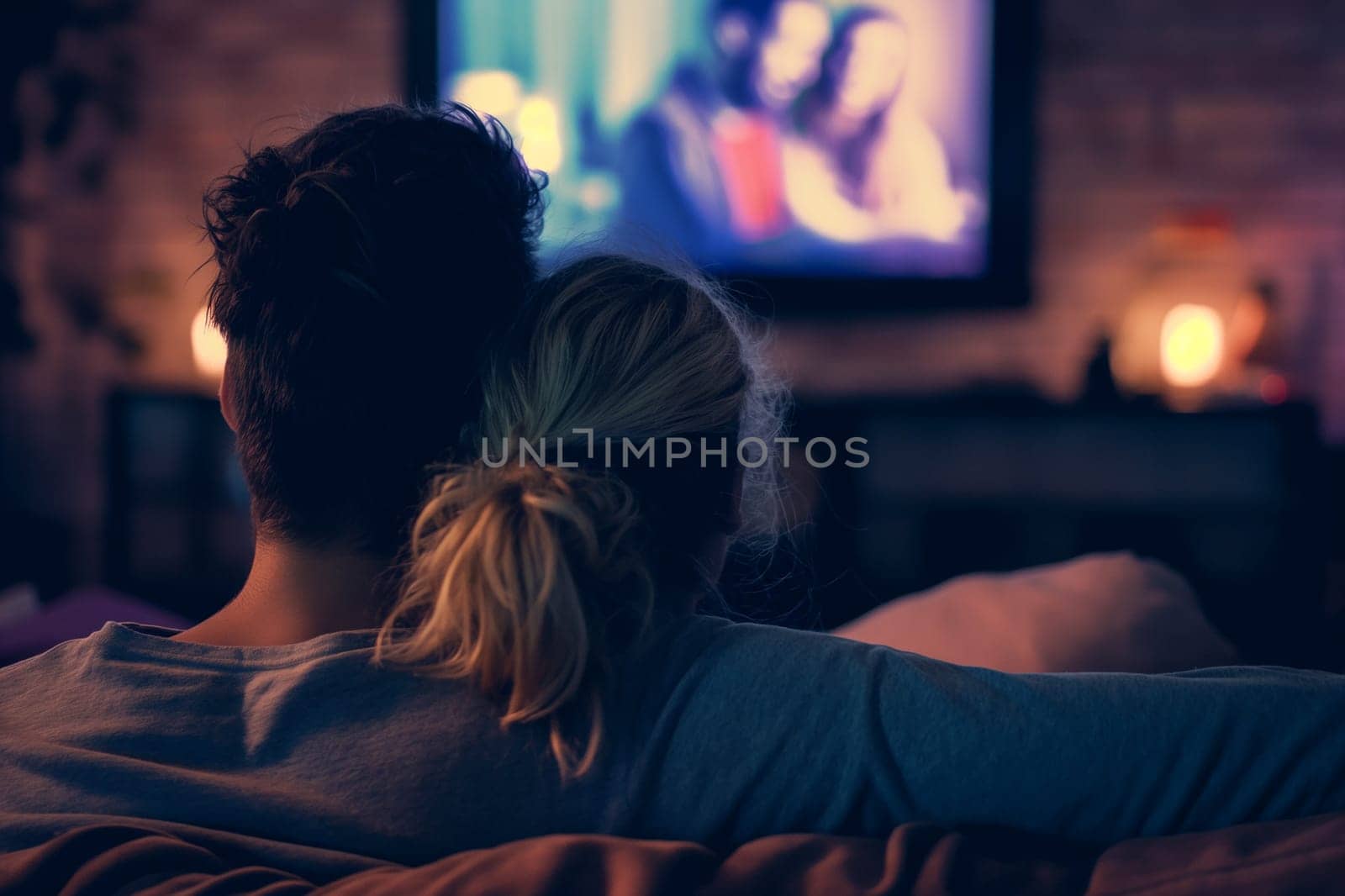 A couple watching television together on a couch at night, relaxing in a romantic home environment