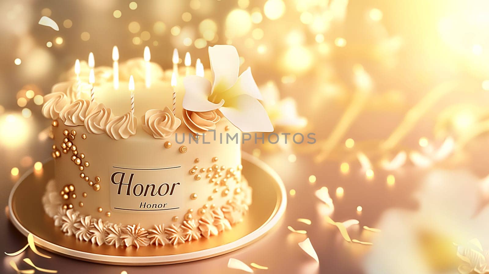 Elegant birthday cake with golden decor and candles, featuring 'Honor' and lily in festive light
