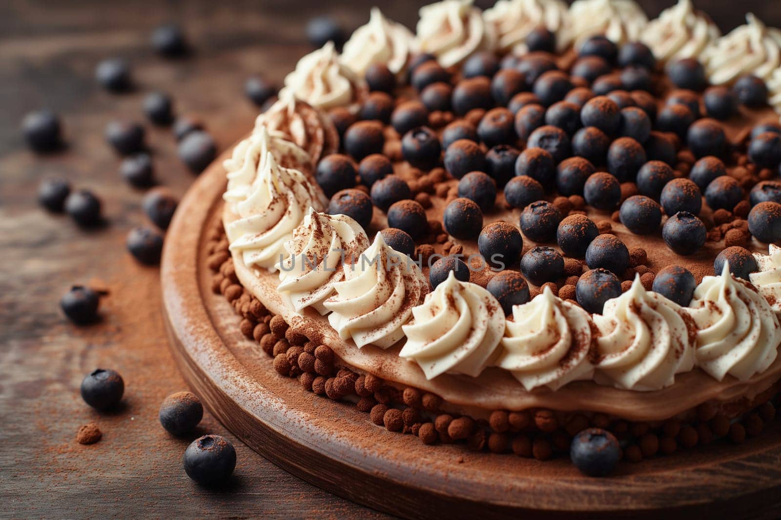 Delicious cake topped with fresh blueberries, whipped cream, and chocolate for a delightful dessert treat
