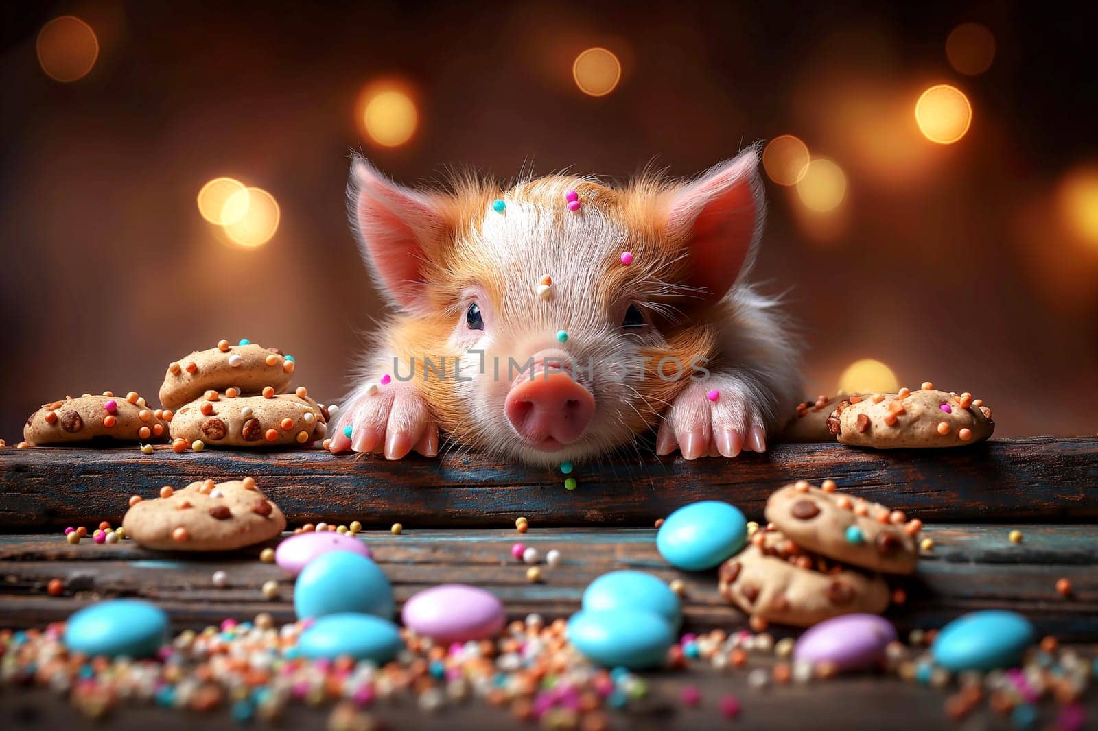 Cute piglet with cookies and candies on a wooden table with colorful sprinkles in the background
