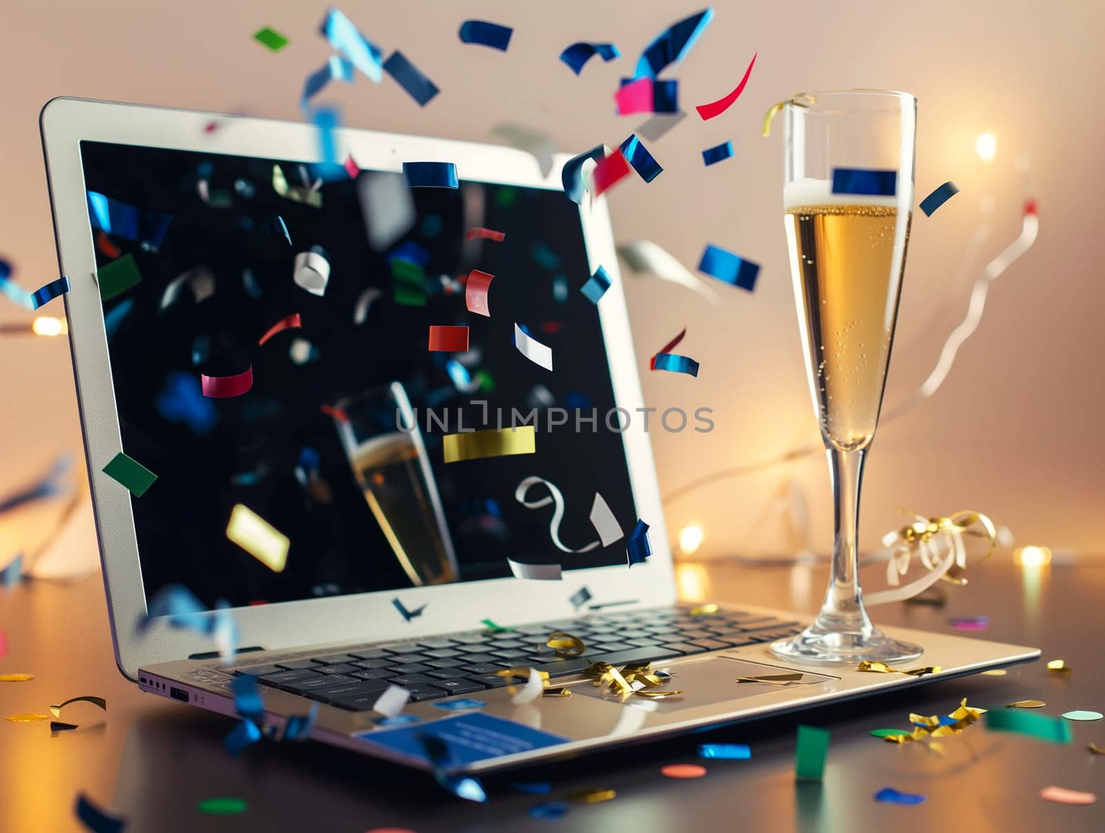 Celebration party with confetti and champagne glass beside a laptop, festivity on a computer screen