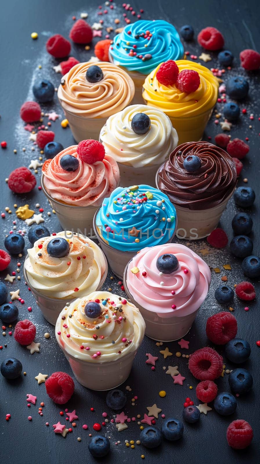 Delicious cupcakes with frosting and berries, featuring blueberries and raspberries, topped with sprinkles