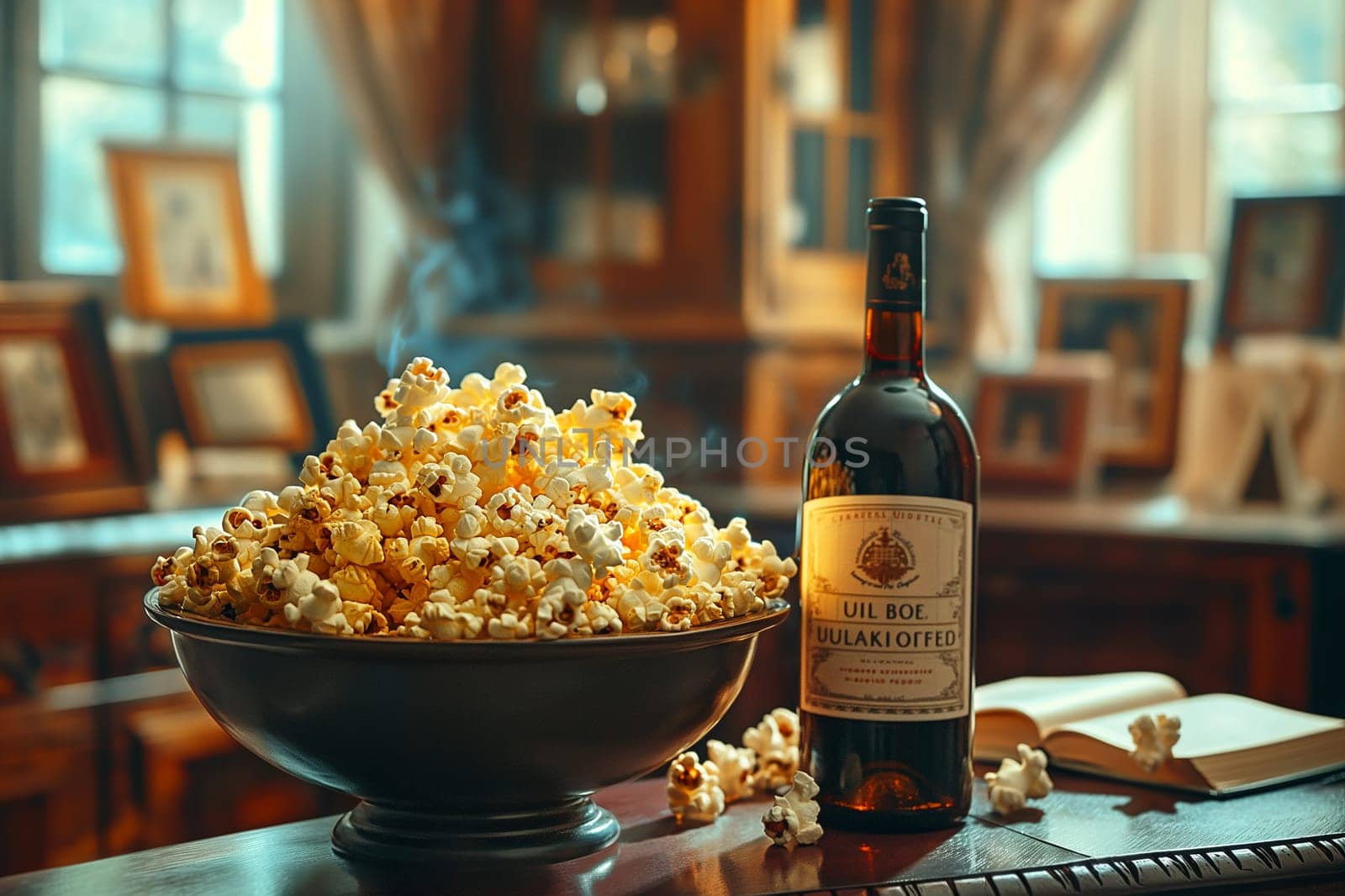Popcorn bowl and wine bottle on table with books and photos in a cozy home library