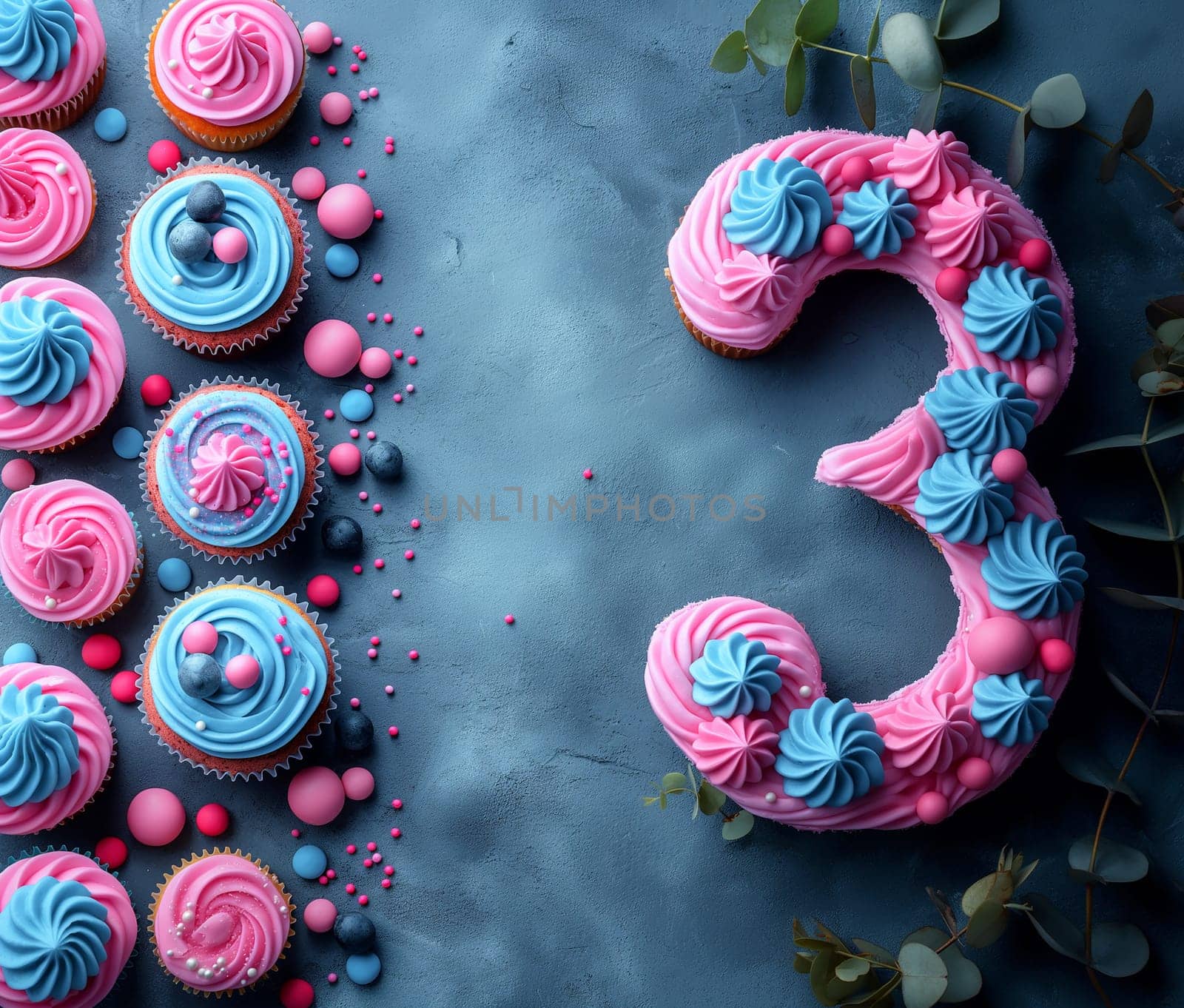 Blue and pink cake with cupcakes for a birthday celebration featuring number 3 shaped dessert