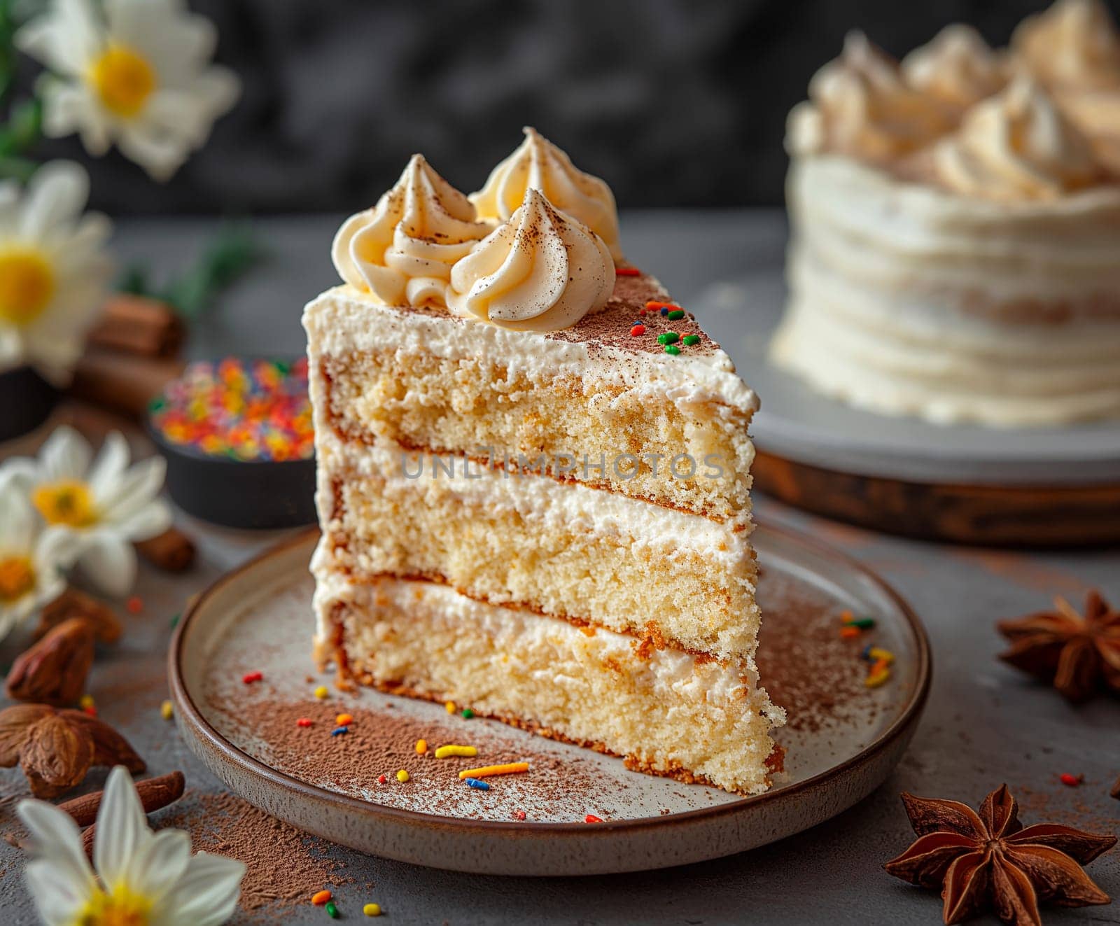 Delicious homemade vanilla cake slice with creamy frosting perfect for a birthday celebration