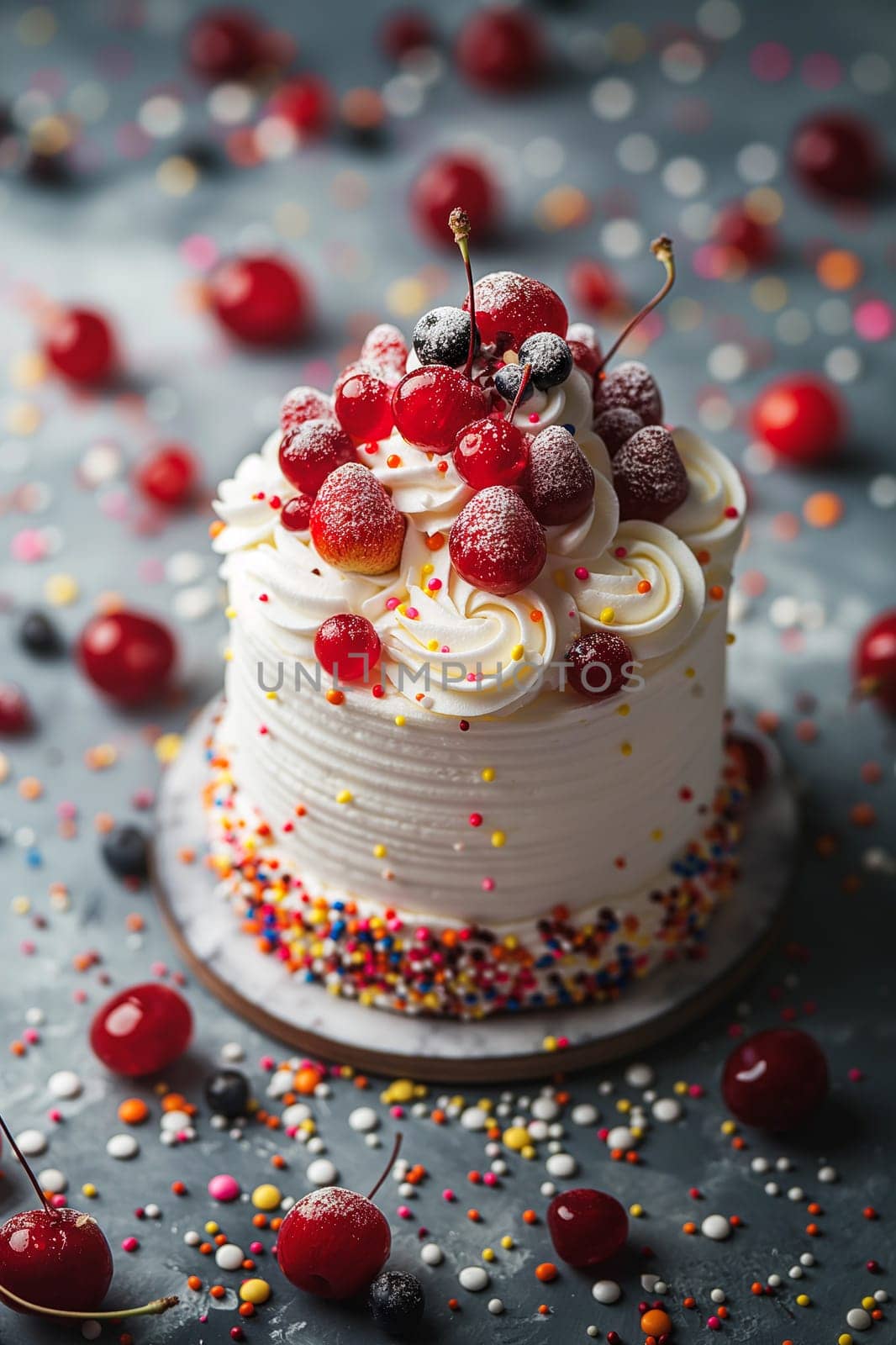 Delicious white cake with cherries, frosting, and sprinkles, perfect for a sweet celebration