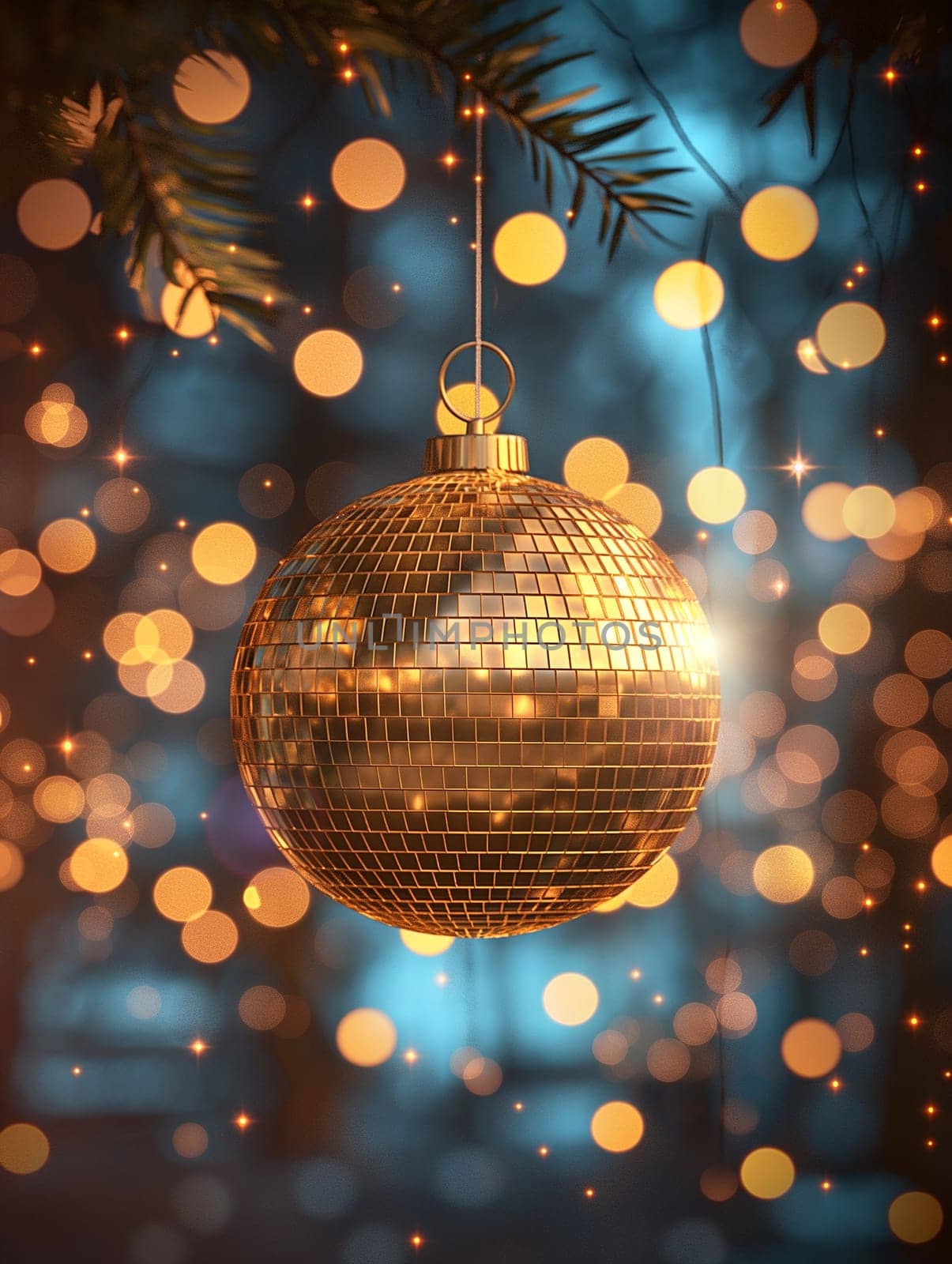 Golden ornament bauble decoration for a festive Christmas tree with sparkling lights and shiny glitter
