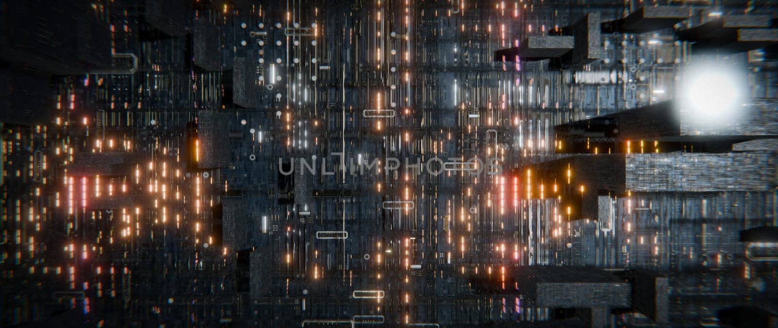 An abstract digital cityscape, a mesmerizing composition of glowing lines and shapes, depicting a futuristic, technology-driven world