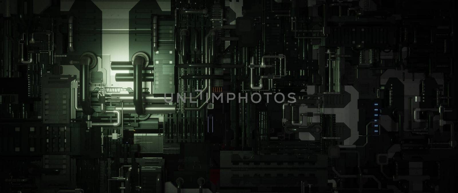An abstract image of an industrial machine with intricate details, featuring pipes, wires, and circuitry, creating a futuristic and technological aesthetic.