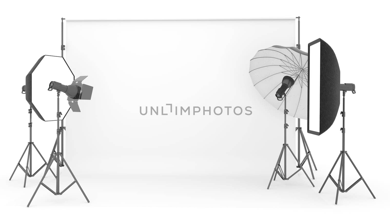 Empty photo studio with lighting equipment on white background. 3d rendering