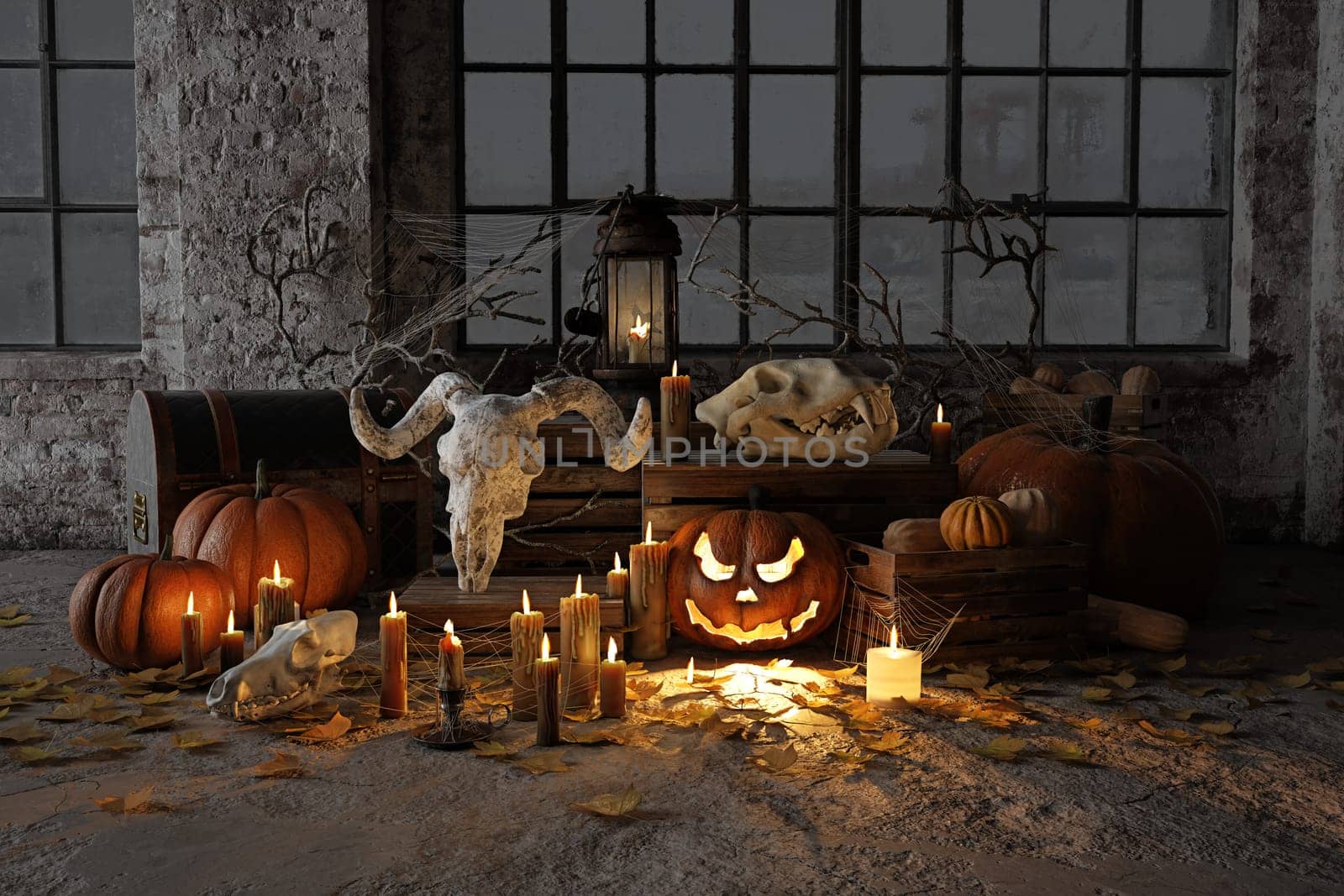 Spooky Halloween scene with skulls, pumpkins, and candles. 3D