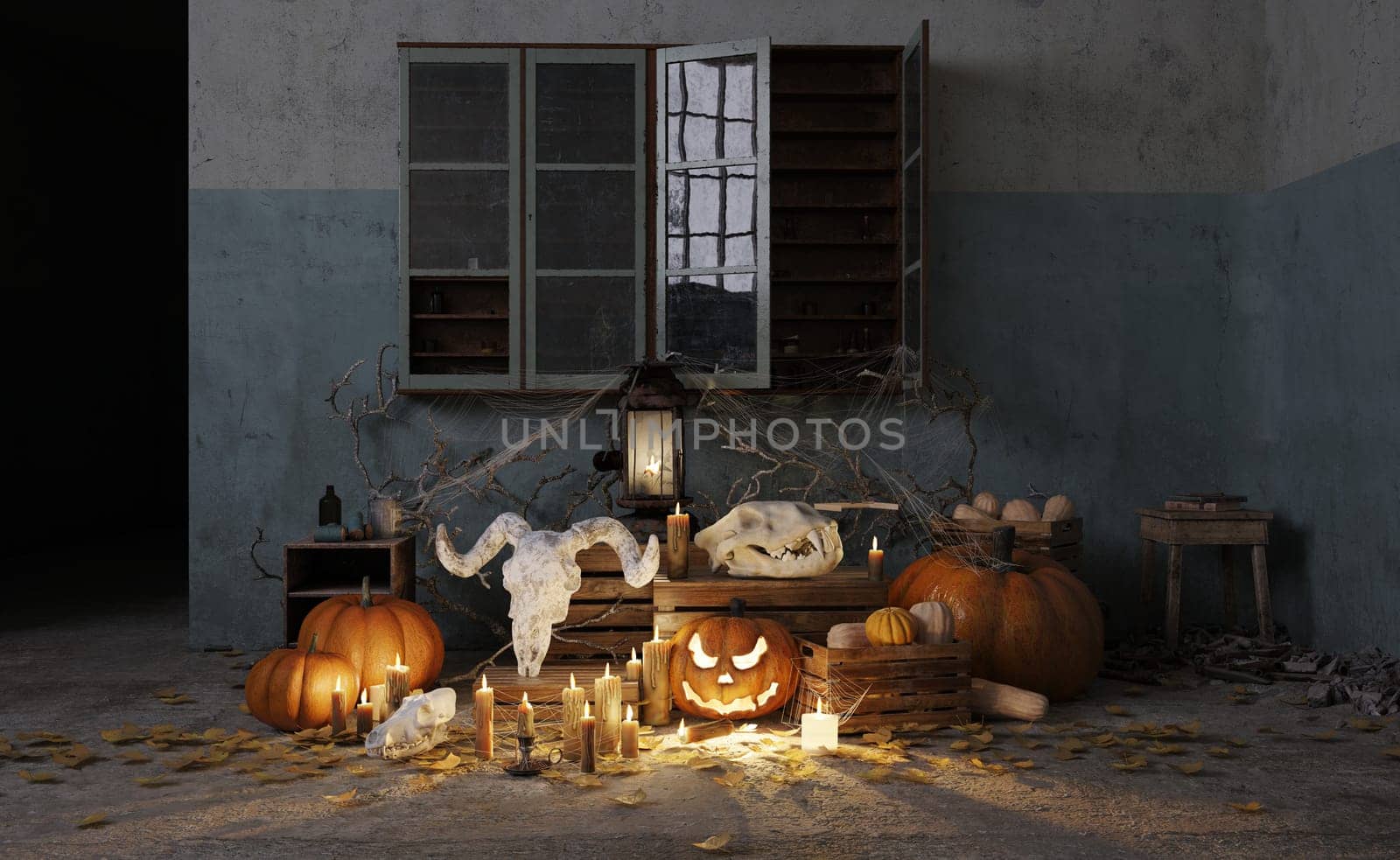 Spooky Halloween scene with skulls, pumpkins, and candles. 3D