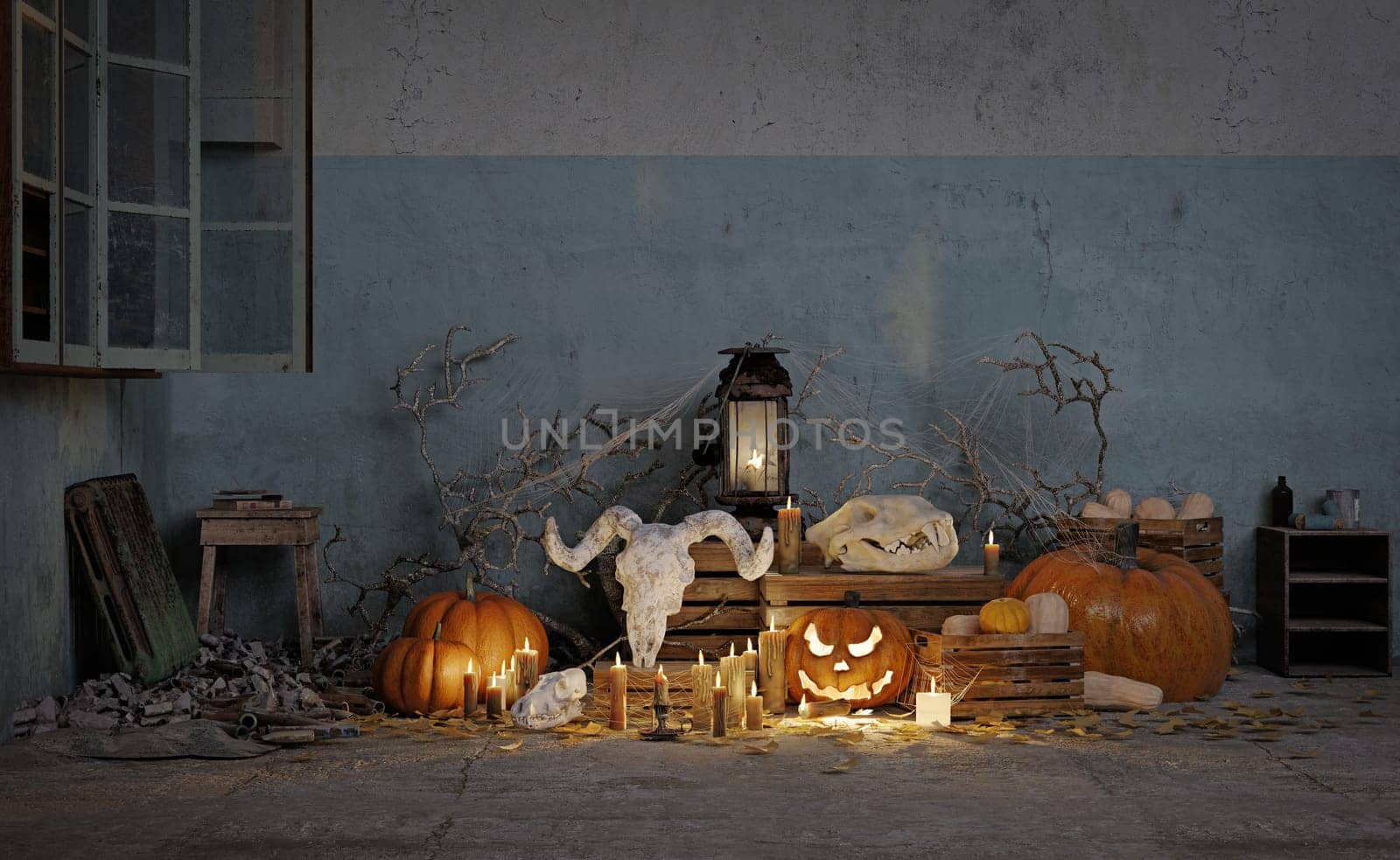 Spooky Halloween scene with skulls, pumpkins, and candles. 3D
