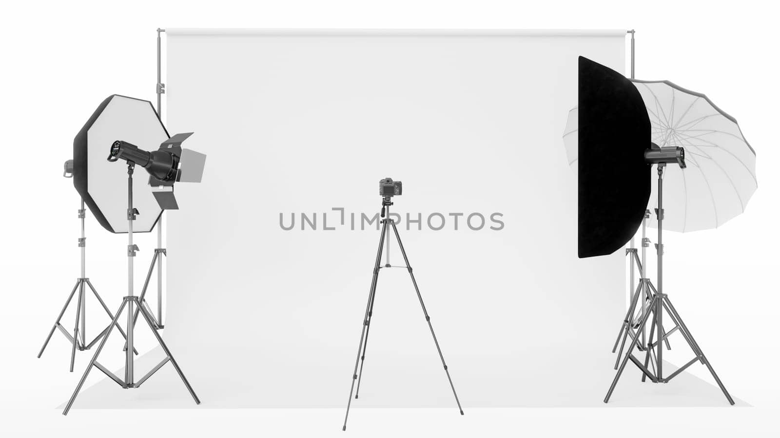 Empty photo studio with lighting equipment on white background. 3d rendering