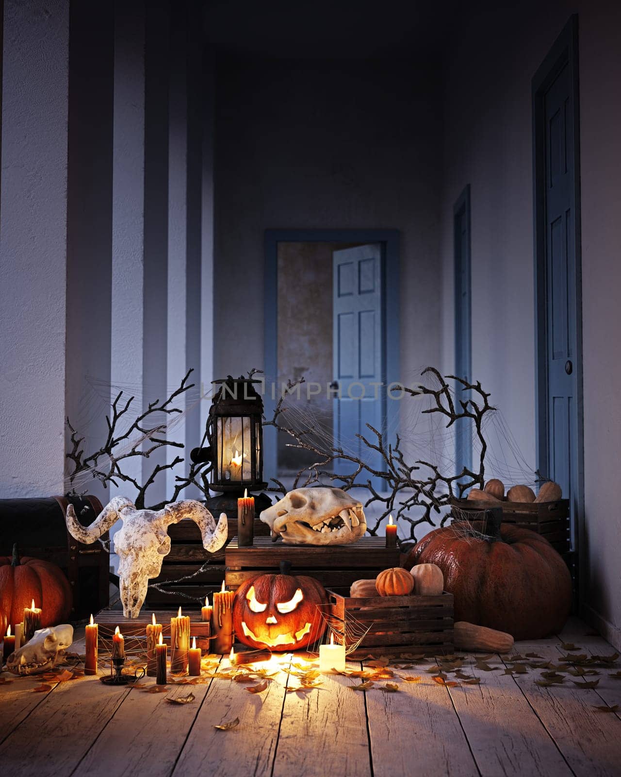 Spooky Halloween scene with skulls, pumpkins, and candles. 3D render