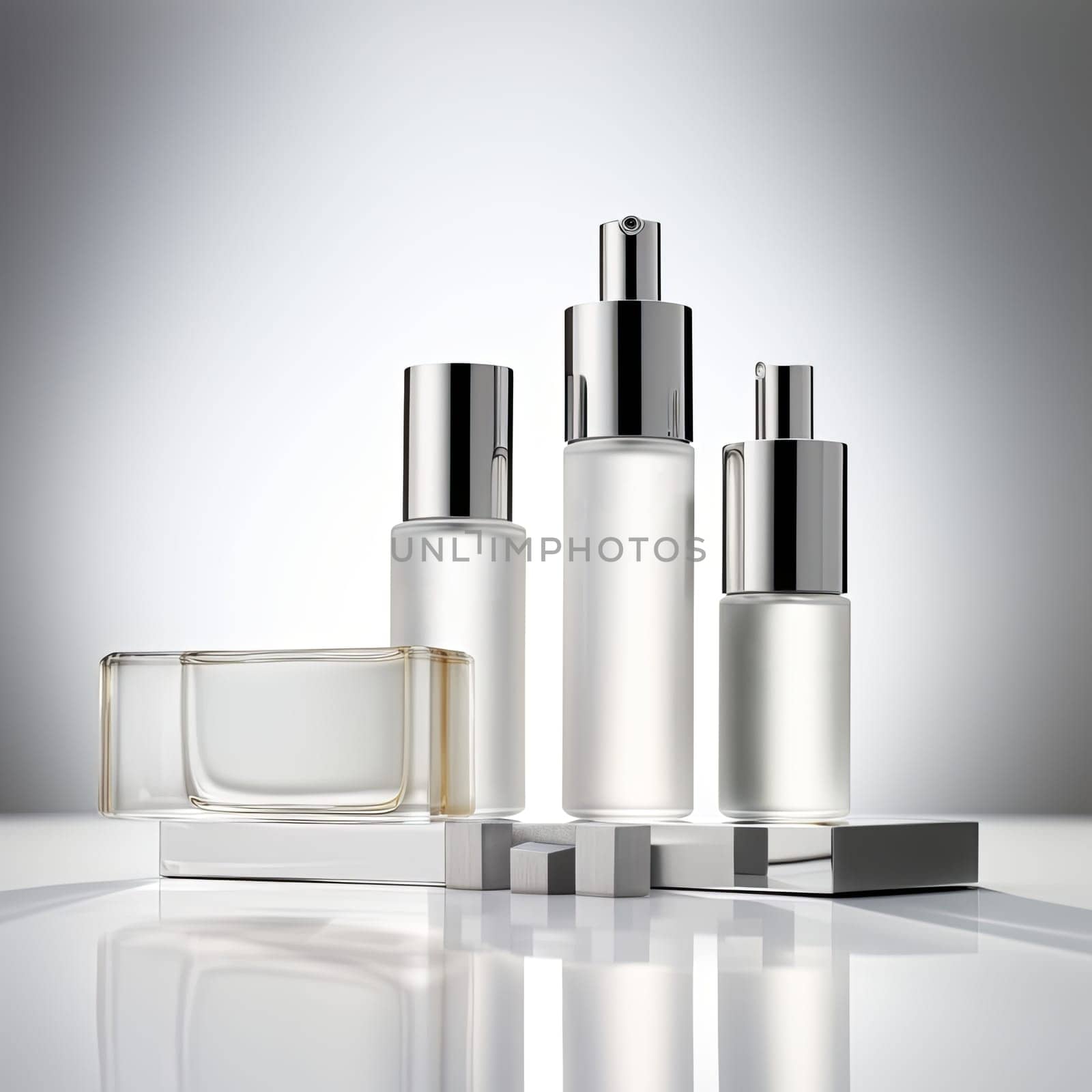 Luxury skincare, photography editorial style, high-end unique luxury glass bottle packaging. White brand colors, modern sleek minimalism.