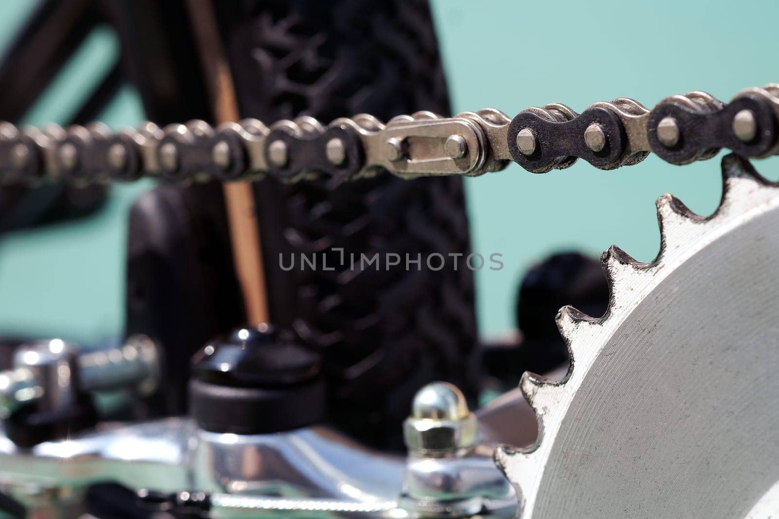 Close-up of a chain. Detailed image of BMX bike parts.