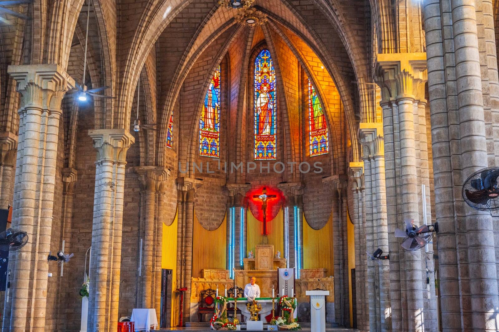Interior inside of Christ the King Cathedral or Nha Trang Cathedral or French Stone Church in Asia. Nha Trang, Vietnam - August 22, 2024