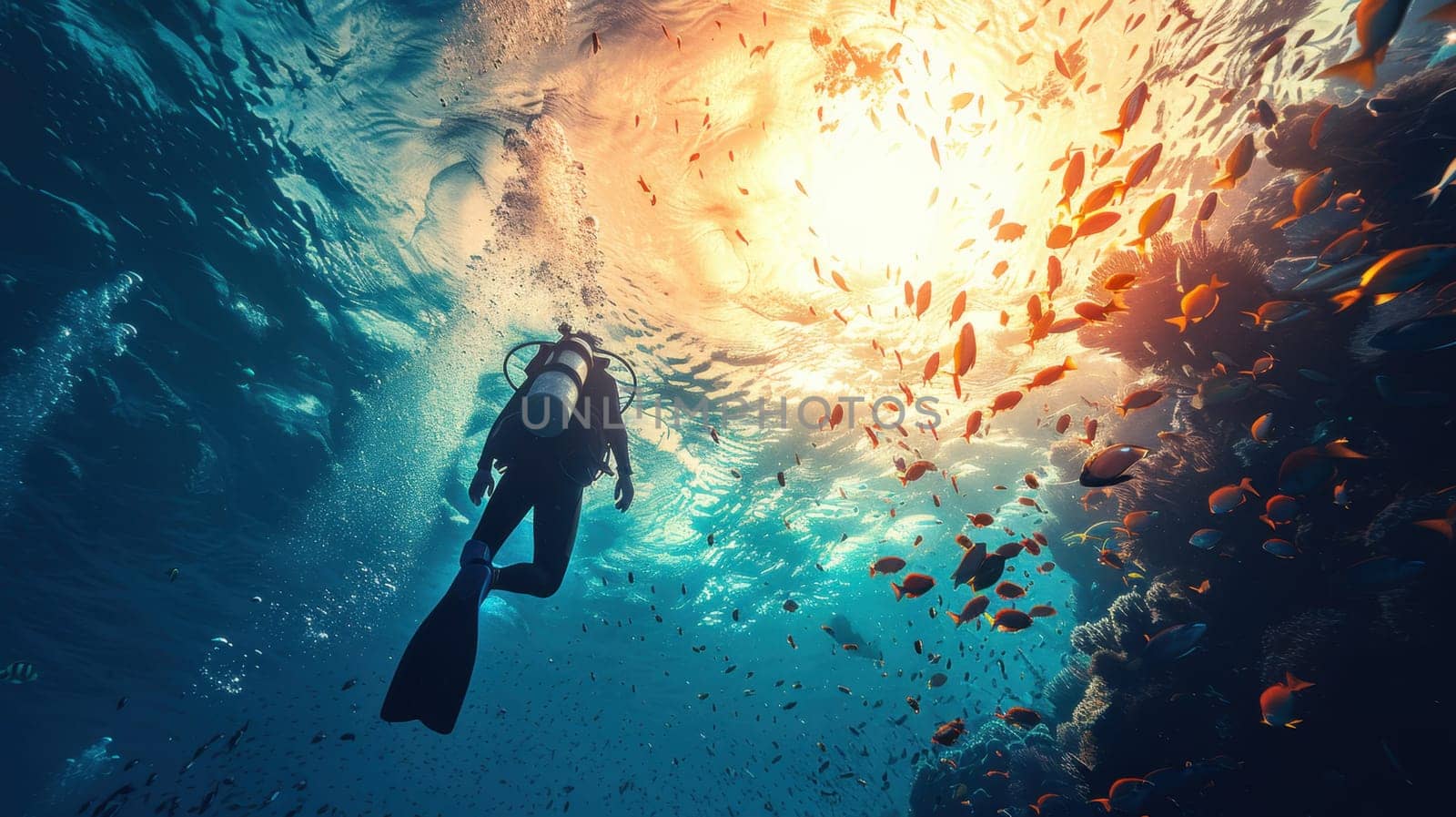 A male scuba diver swimming underwater near a coral reef. A diver in the underwater expanses.