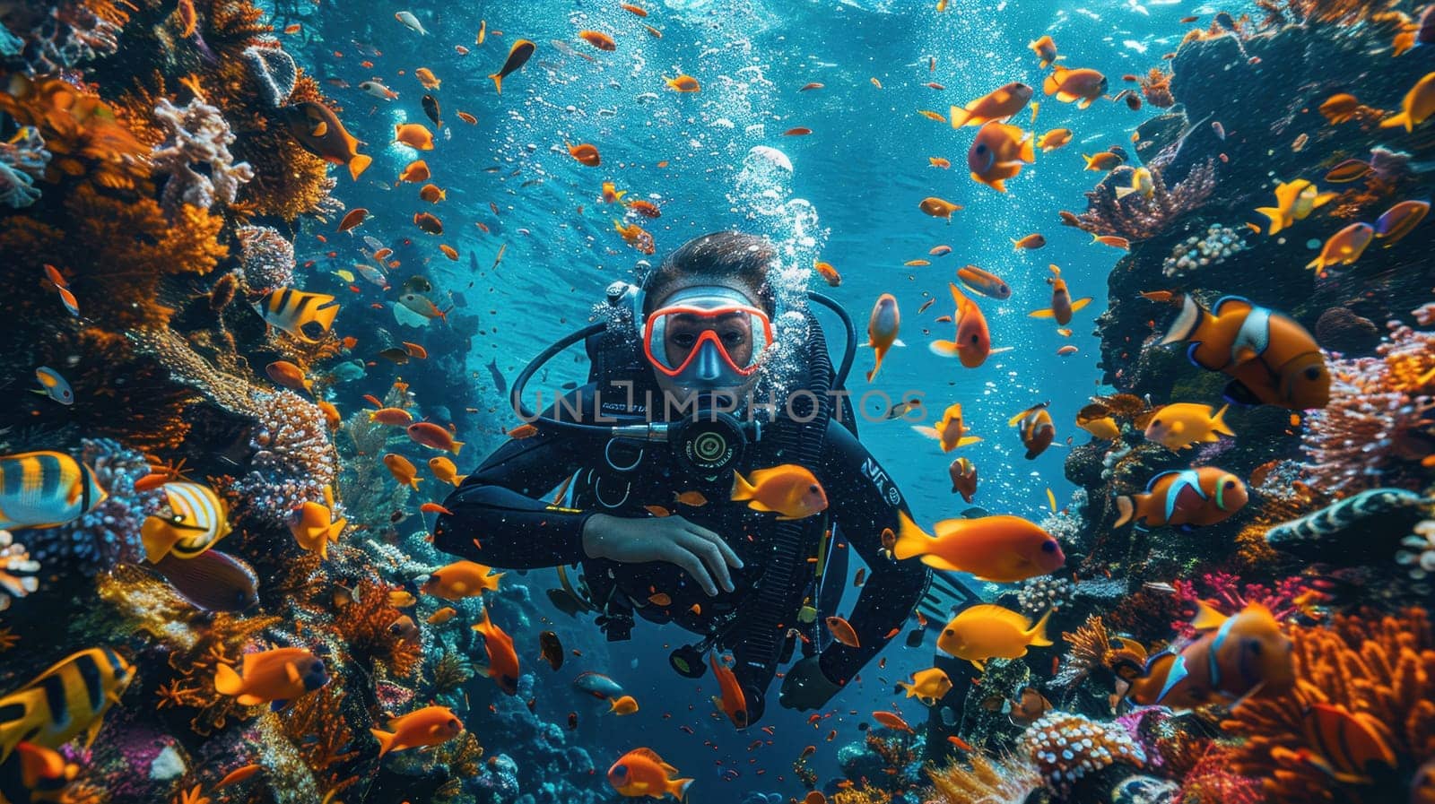 A male scuba diver swimming underwater near a coral reef. A diver in the underwater expanses.