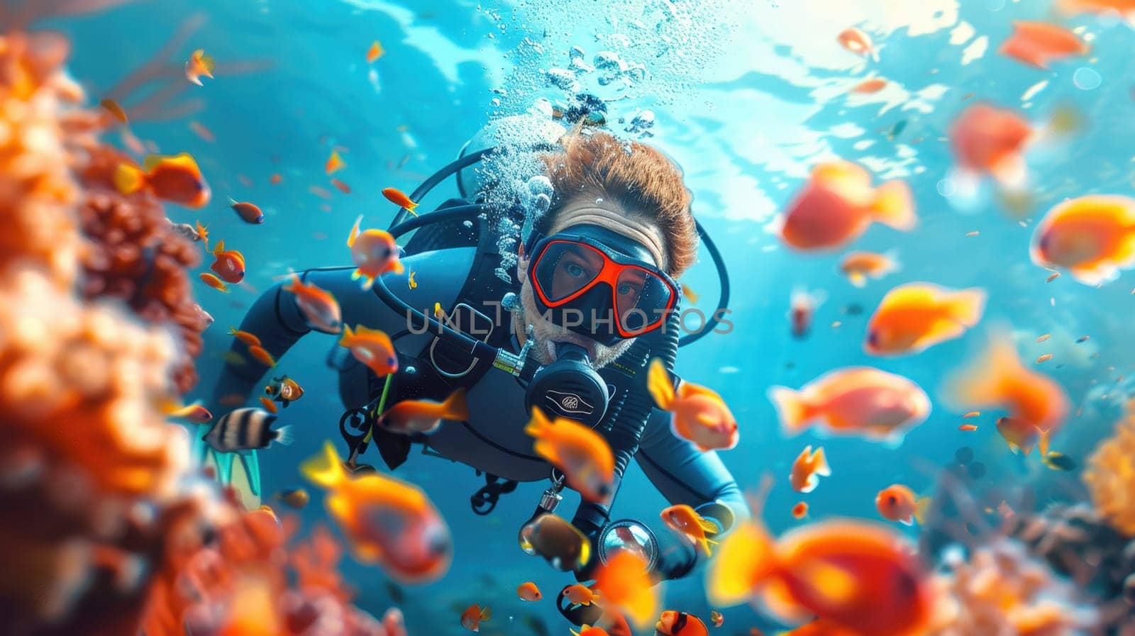A male scuba diver swimming underwater near a coral reef. A diver in the underwater expanses.