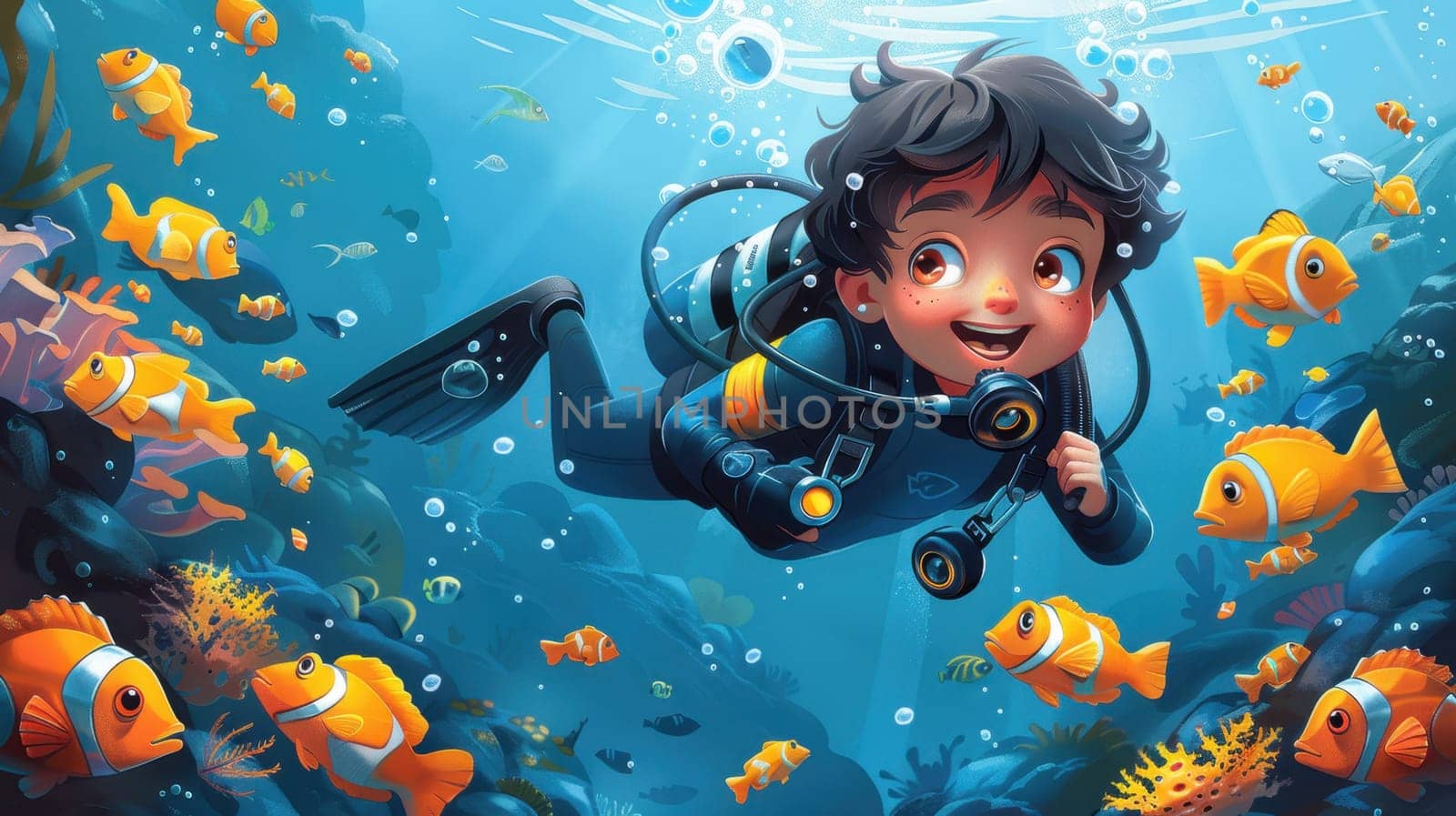 The boy is a diver in the underwater world. Cartoon diver boy and fish underwater. illustration.