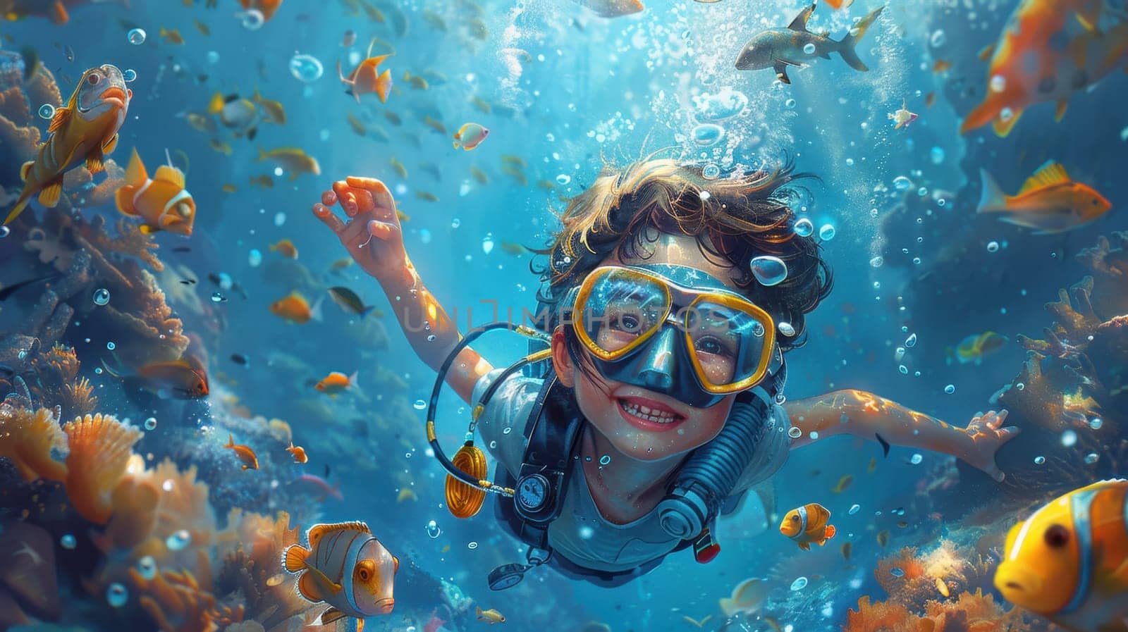 The boy is a diver in the underwater world. Cartoon diver boy and fish underwater. illustration.