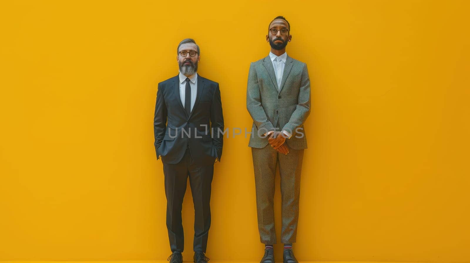 Two strong men in formal suits on a yellow background.