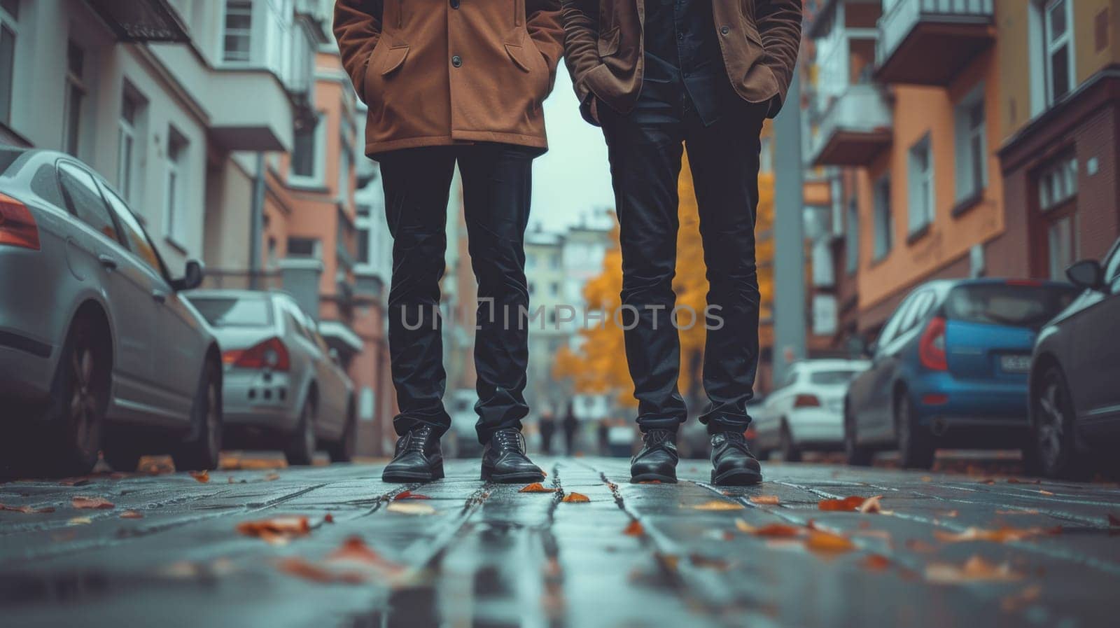 The legs of two men in stylish trousers and boots on the street.