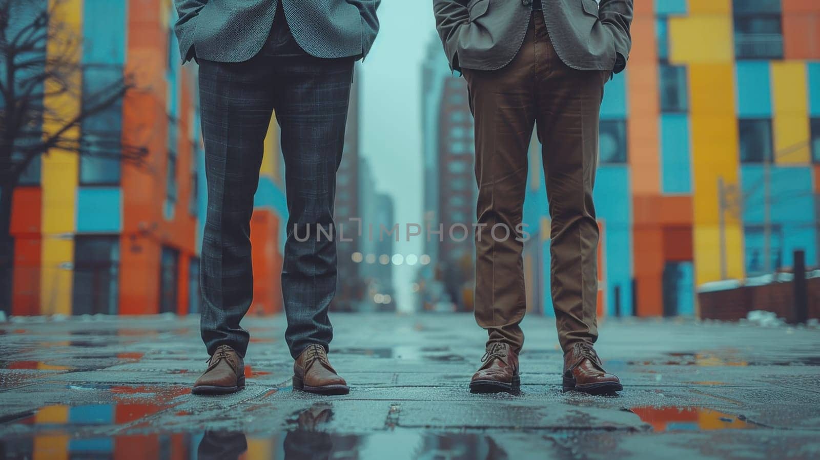The legs of two men in stylish trousers and boots on the street.