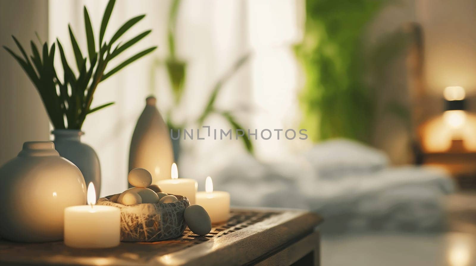 Serene home with candles, soft light, decor, and greenery creating a relaxing and cozy atmosphere