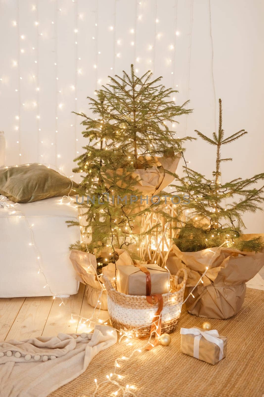 Interior bedrooms in Scandinavian style, decorated for the Christmas holidays. Live ate in the interior