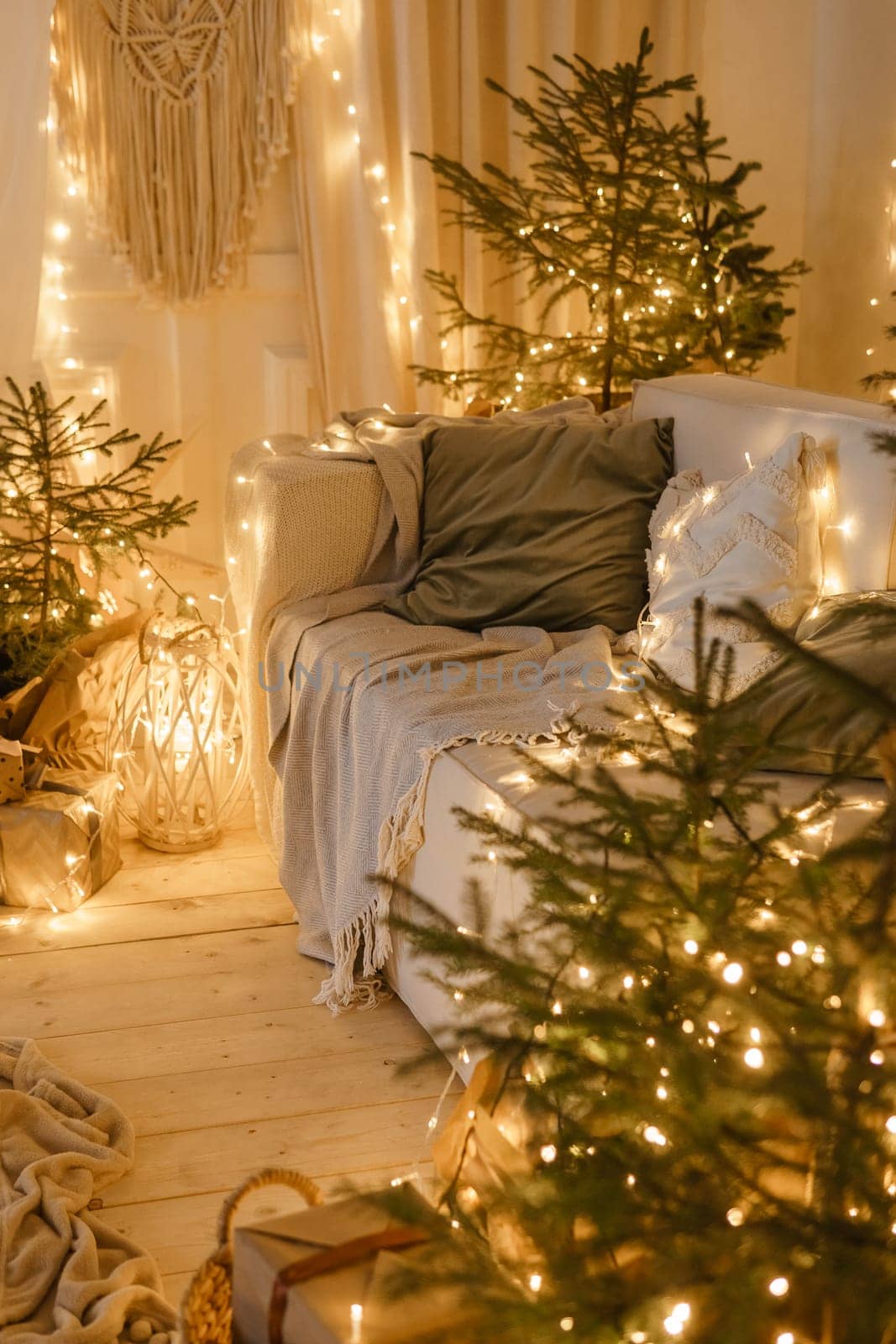Interior bedrooms in Scandinavian style, decorated for the Christmas holidays. Live ate in the interior
