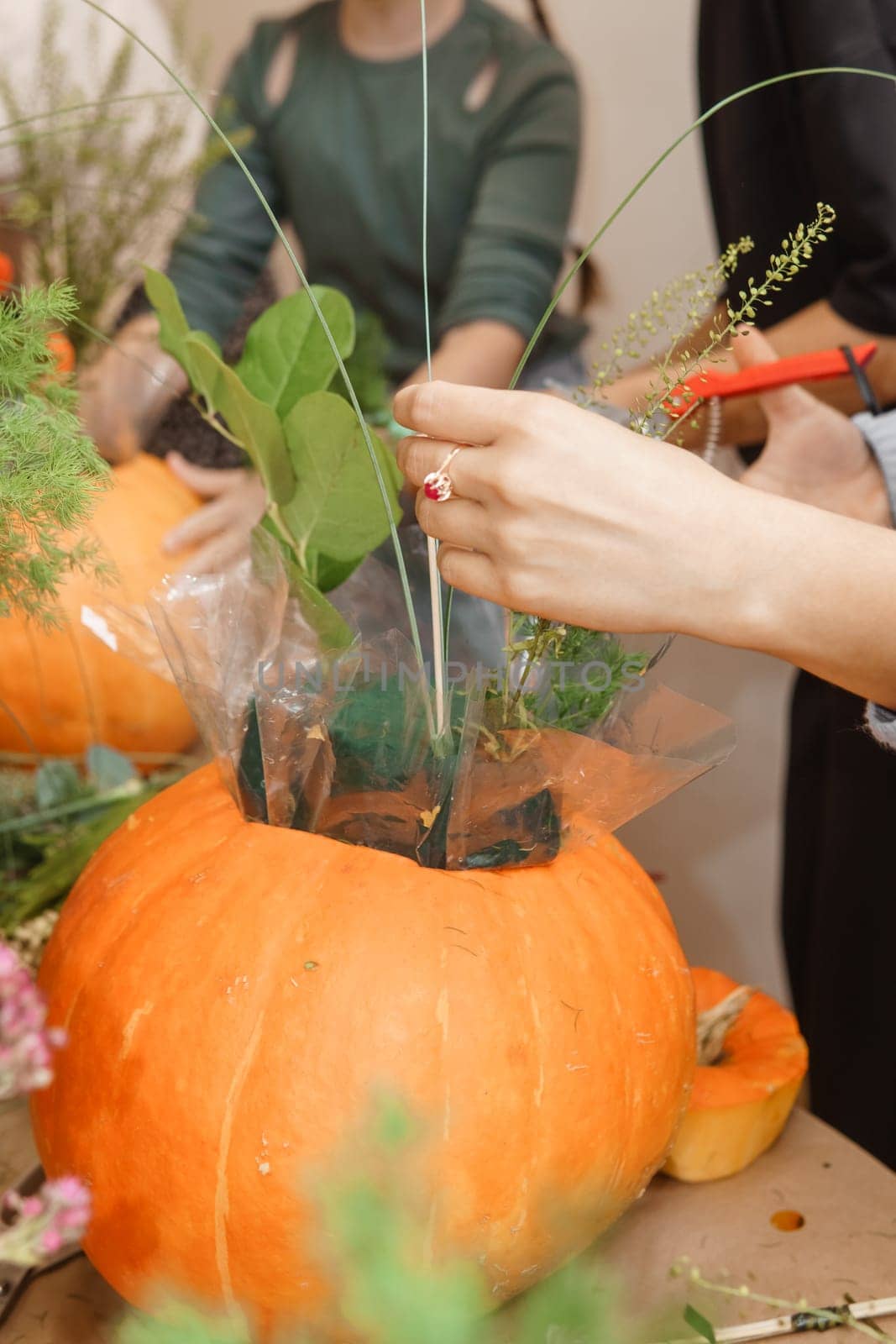 Creating a floral composition in a pumpkin. Making decor with your own hands