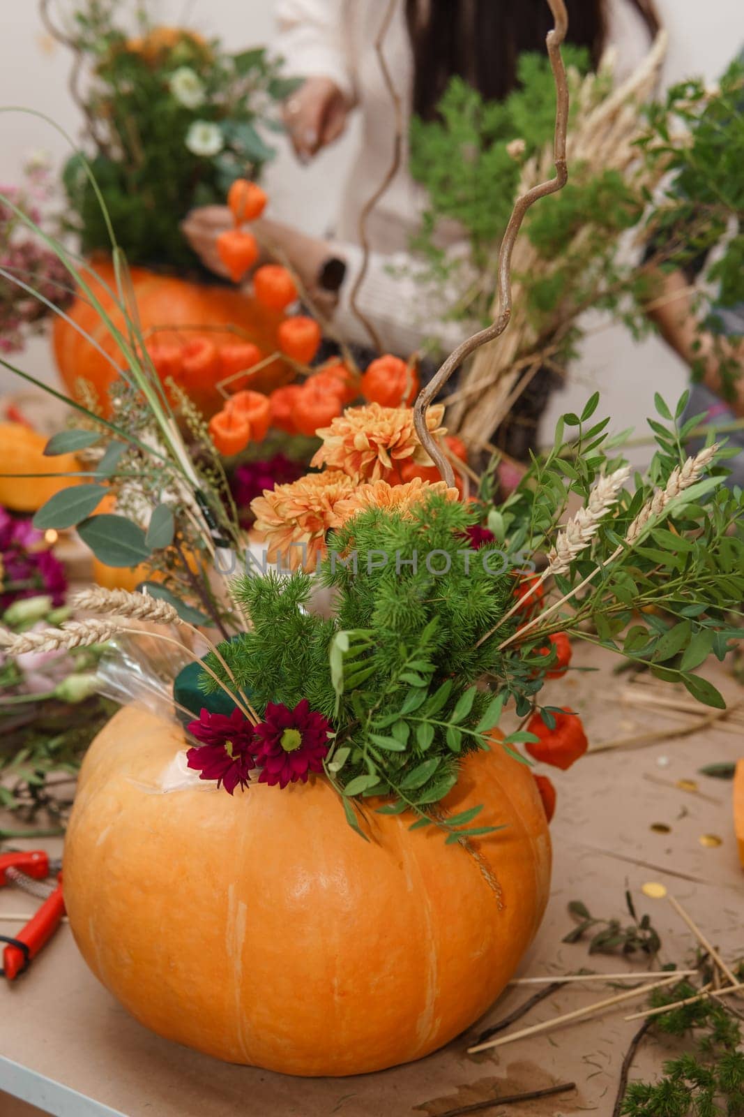 Creating a floral composition in a pumpkin. Making decor with your own hands