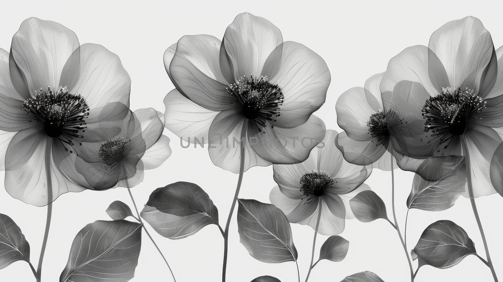 Black transparent flowers on white background . Hand drawn black flowers on white background. Illustration.