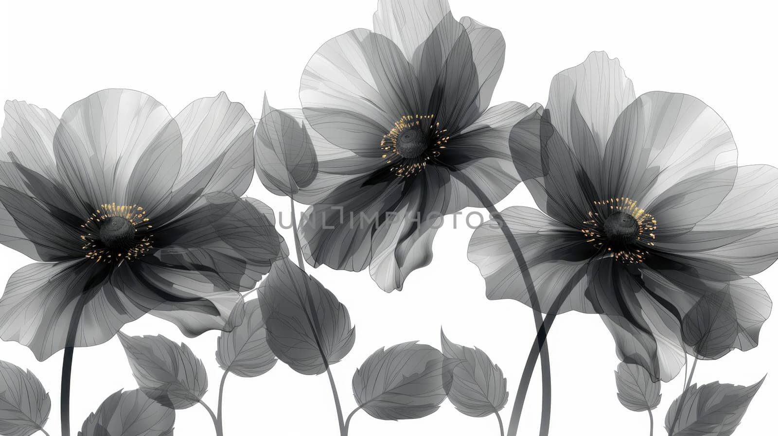 Black transparent flowers on white background . Hand drawn black flowers on white background. Illustration.