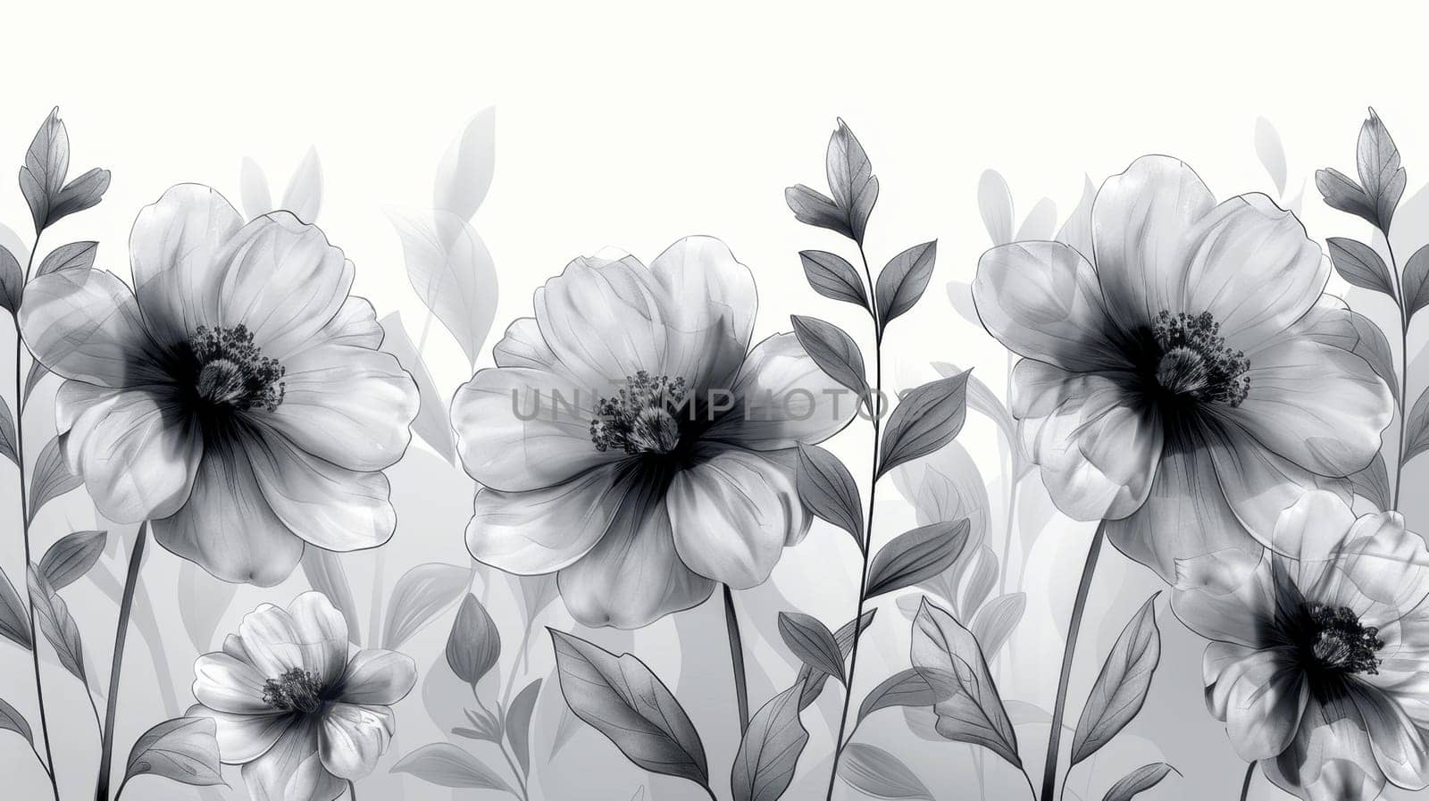 Black transparent flowers on white background . Hand drawn black flowers on white background. Illustration.