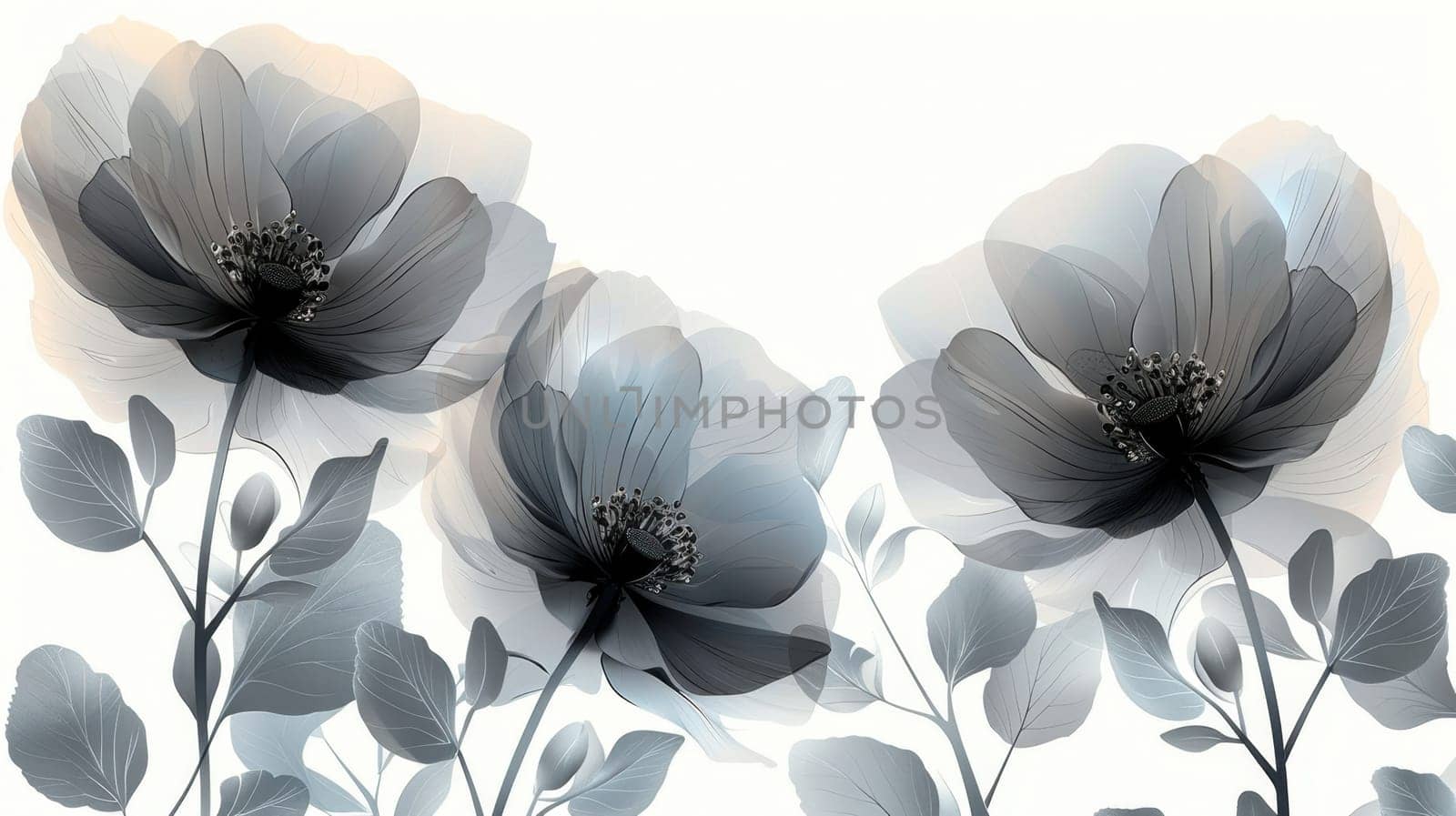 Black transparent flowers on white background . Hand drawn black flowers on white background. Illustration.