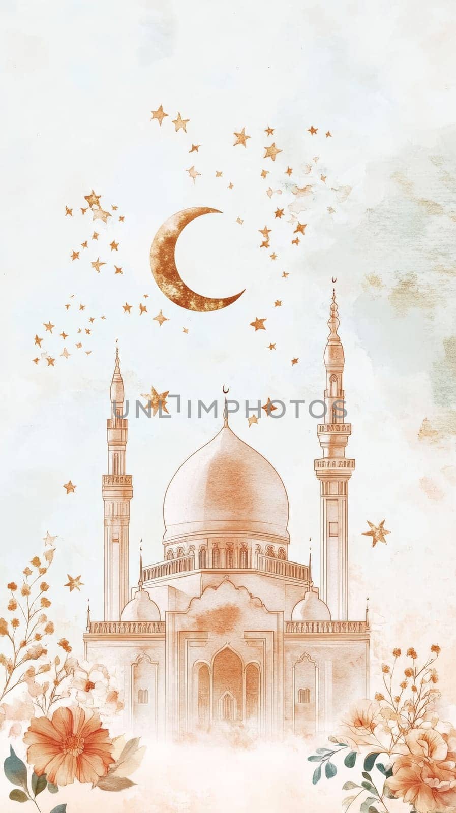 Illustration of mosque with crescent and stars, watercolor style. Islamic art and spirituality concept.