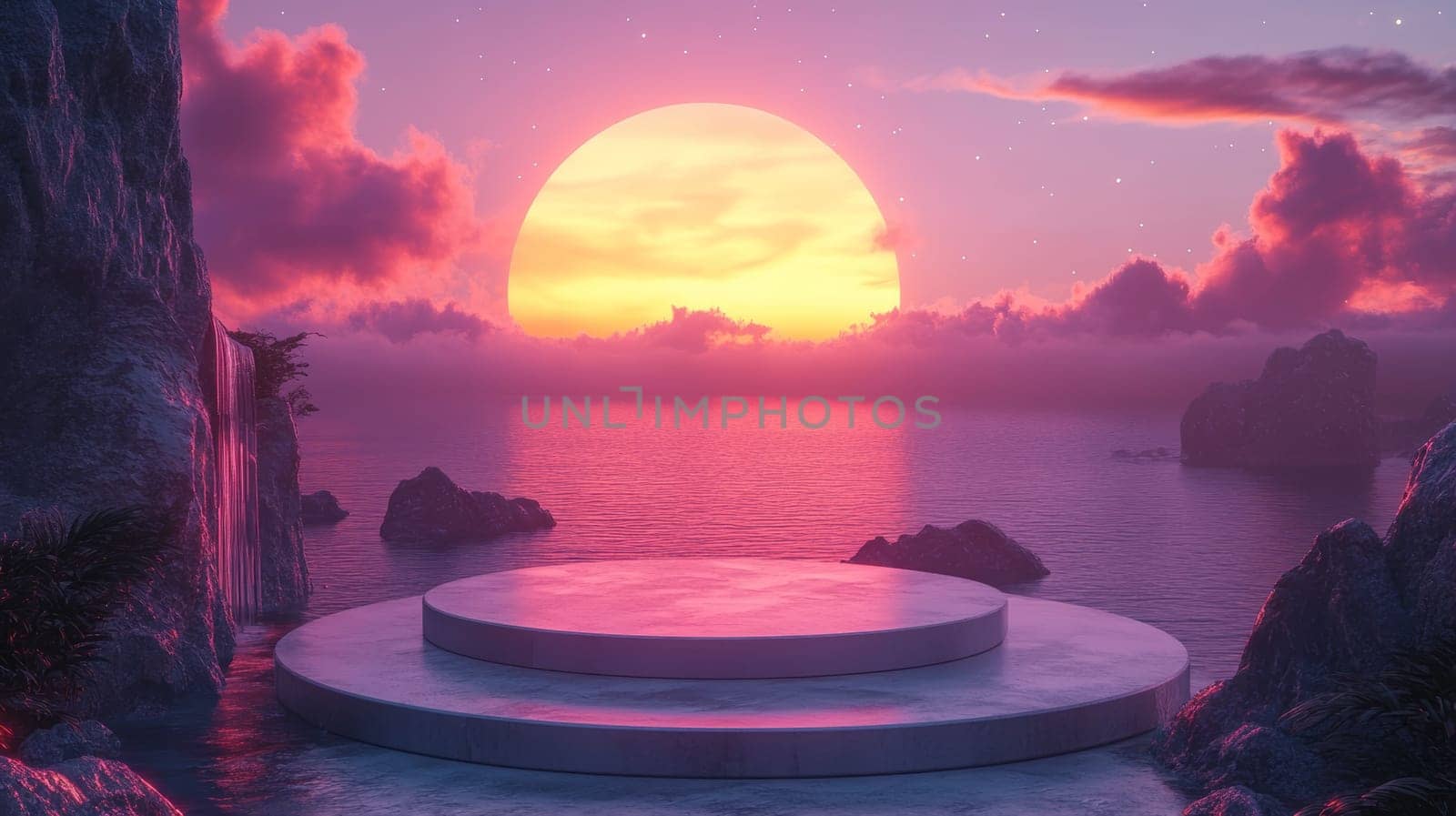 Sunset over ocean with circular platform and cliffs, serene landscape concept.